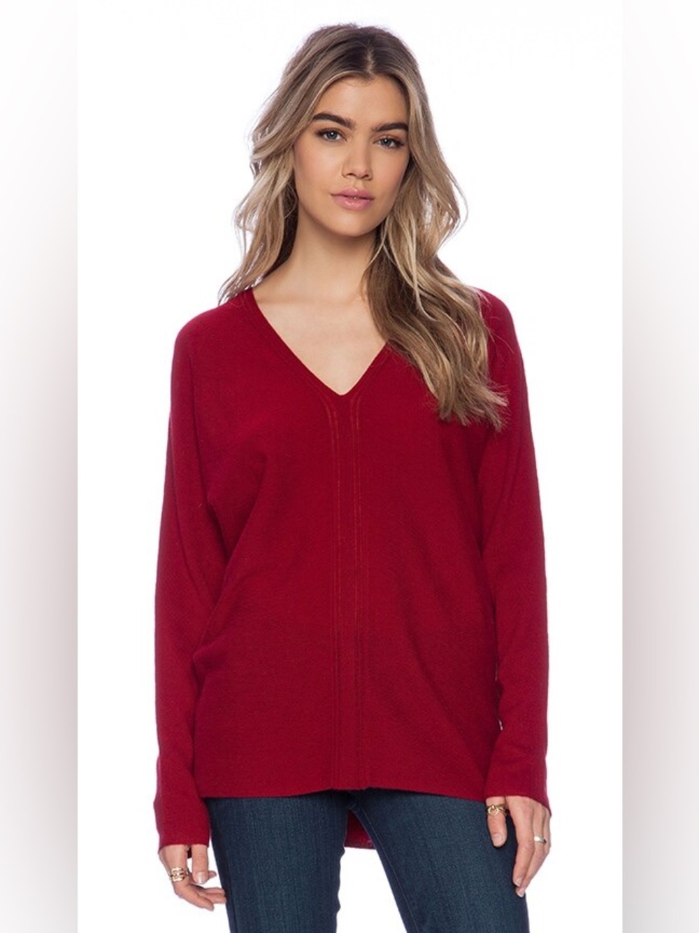 Vince Cashmere Ladder Stitch Double V-Neck Sweater in Red | Small